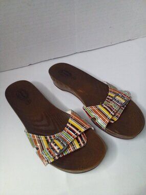 Dr. Scholls Advanced Comfort Sandals Women 9 Faux Wood Multicolor Stripe Buckle